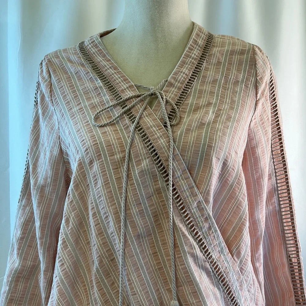 Promesa Deep VNeck Striped Peasant Boho Blouse Size Large - Picture 2 of 11